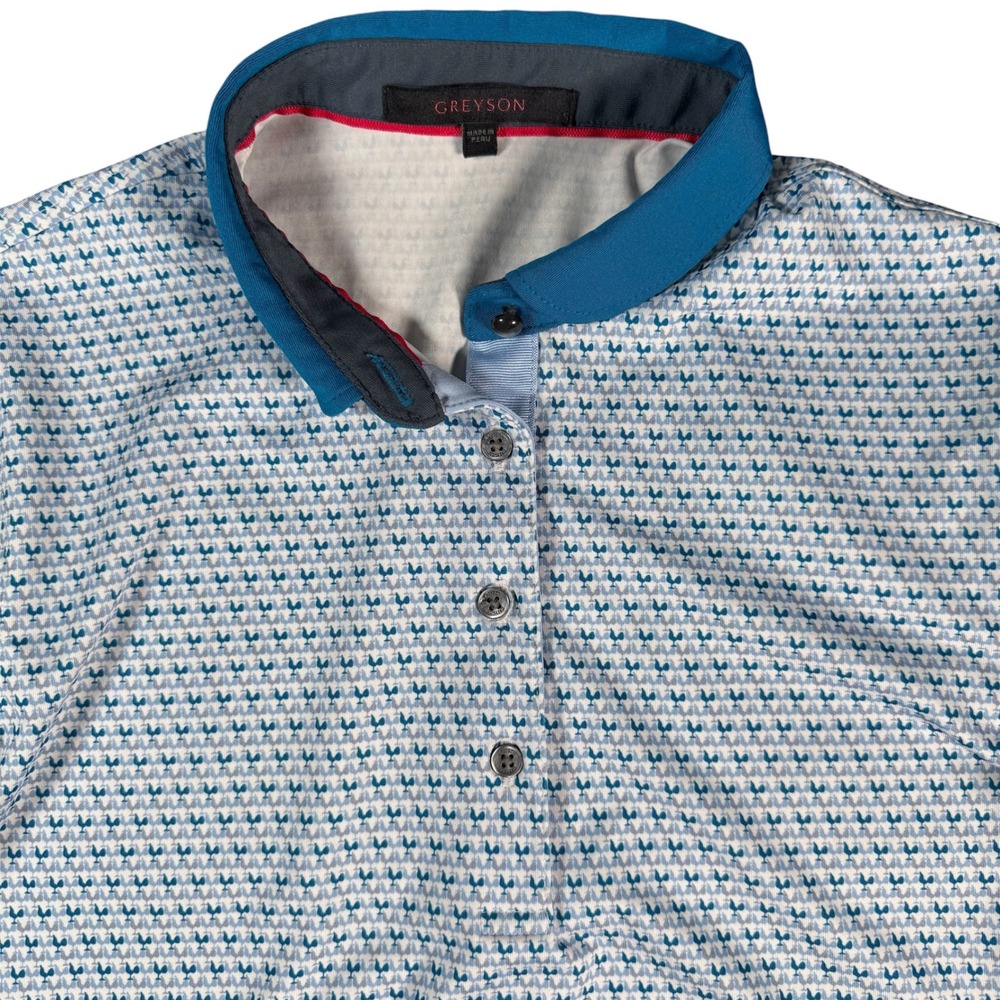 Greyson Bird Print Polo Shirt Womens Medium Blue White Short Sleeve Golf Top